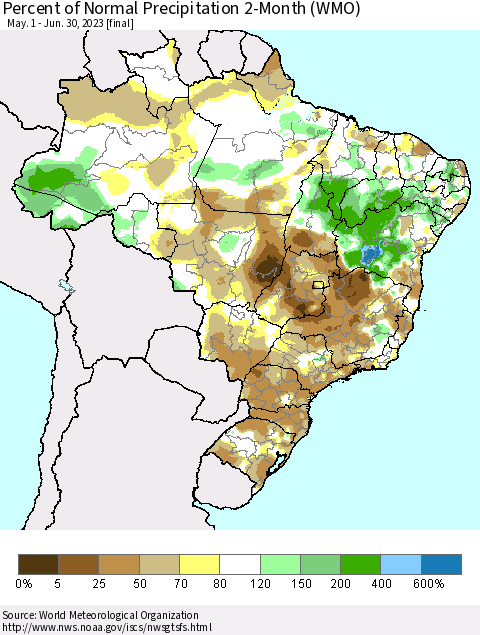 Brazil Percent of Normal Precipitation 2-Month (WMO) Thematic Map For 5/1/2023 - 6/30/2023