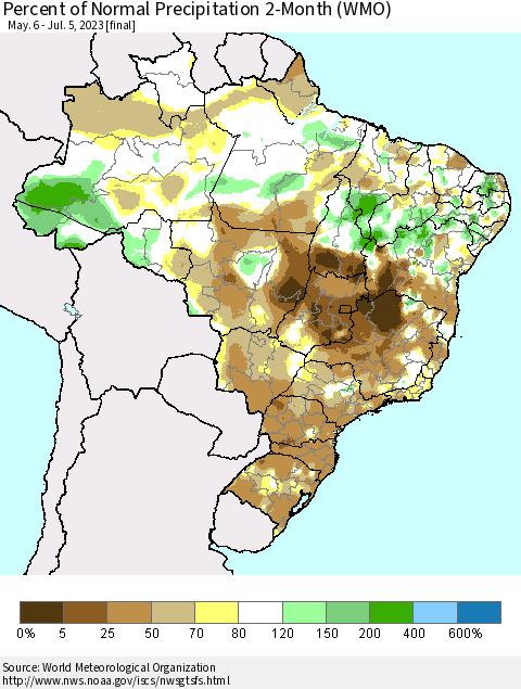 Brazil Percent of Normal Precipitation 2-Month (WMO) Thematic Map For 5/6/2023 - 7/5/2023