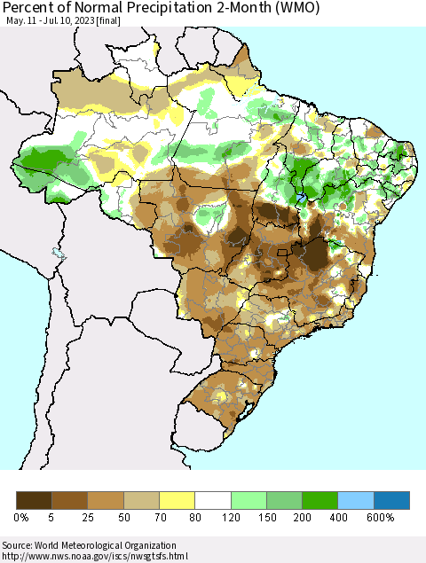 Brazil Percent of Normal Precipitation 2-Month (WMO) Thematic Map For 5/11/2023 - 7/10/2023