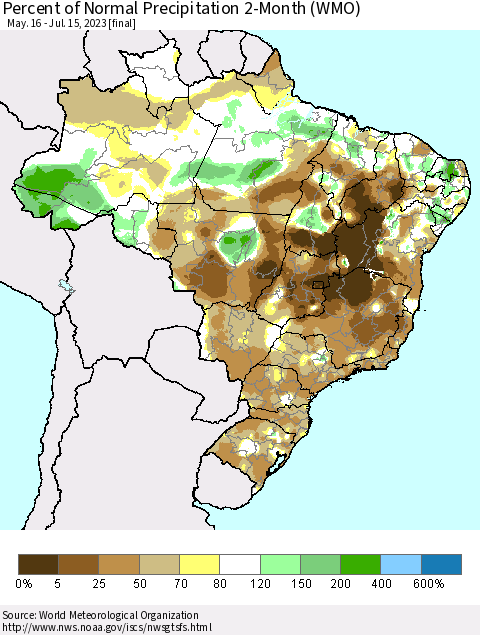 Brazil Percent of Normal Precipitation 2-Month (WMO) Thematic Map For 5/16/2023 - 7/15/2023