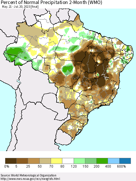 Brazil Percent of Normal Precipitation 2-Month (WMO) Thematic Map For 5/21/2023 - 7/20/2023
