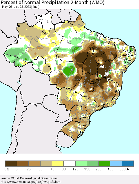Brazil Percent of Normal Precipitation 2-Month (WMO) Thematic Map For 5/26/2023 - 7/25/2023