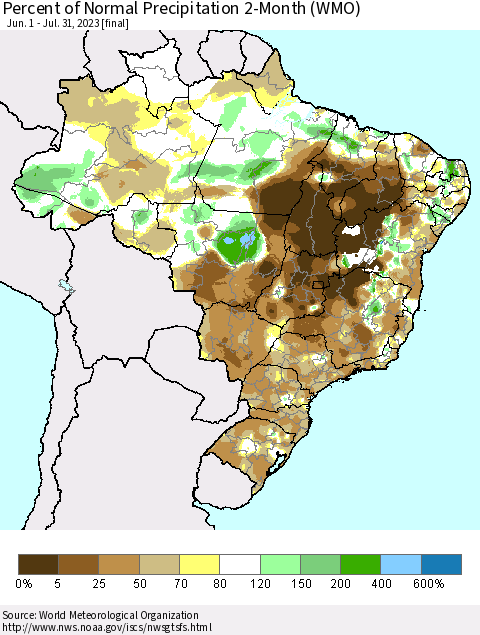Brazil Percent of Normal Precipitation 2-Month (WMO) Thematic Map For 6/1/2023 - 7/31/2023