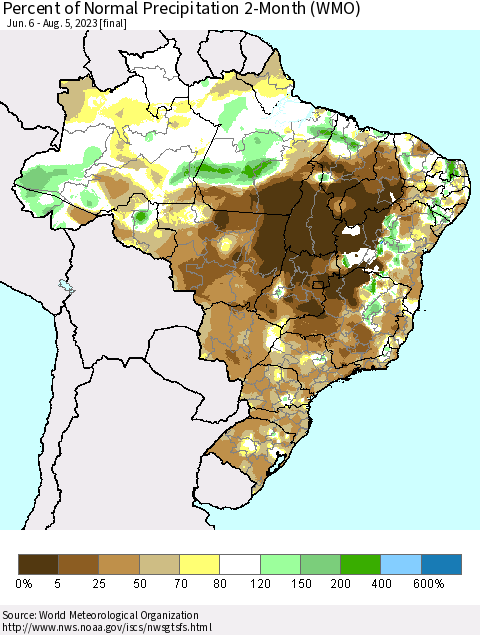 Brazil Percent of Normal Precipitation 2-Month (WMO) Thematic Map For 6/6/2023 - 8/5/2023