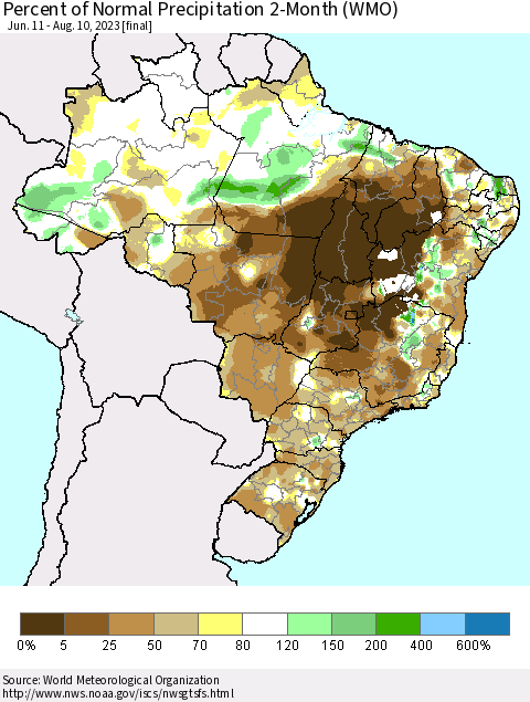 Brazil Percent of Normal Precipitation 2-Month (WMO) Thematic Map For 6/11/2023 - 8/10/2023