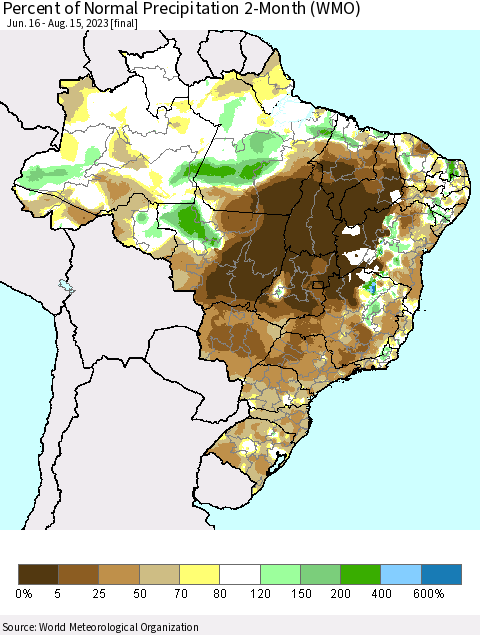 Brazil Percent of Normal Precipitation 2-Month (WMO) Thematic Map For 6/16/2023 - 8/15/2023