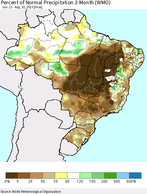 Brazil Percent of Normal Precipitation 2-Month (WMO) Thematic Map For 6/21/2023 - 8/20/2023