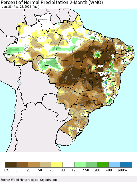 Brazil Percent of Normal Precipitation 2-Month (WMO) Thematic Map For 6/26/2023 - 8/25/2023