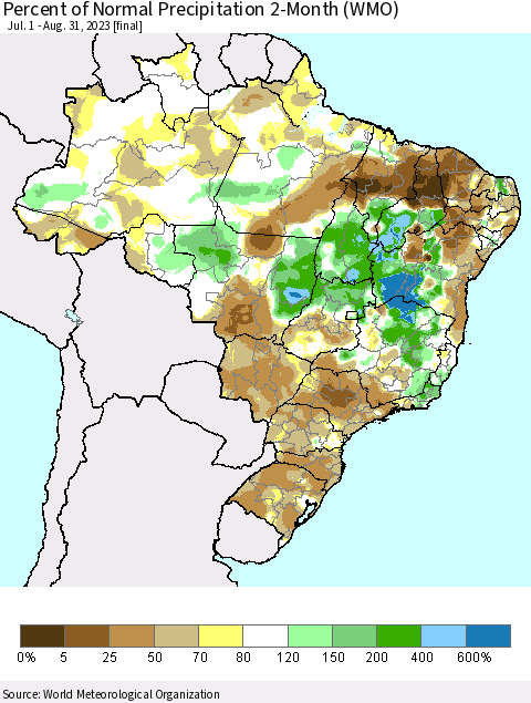 Brazil Percent of Normal Precipitation 2-Month (WMO) Thematic Map For 7/1/2023 - 8/31/2023