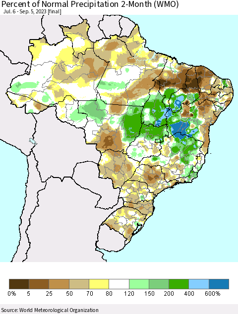 Brazil Percent of Normal Precipitation 2-Month (WMO) Thematic Map For 7/6/2023 - 9/5/2023