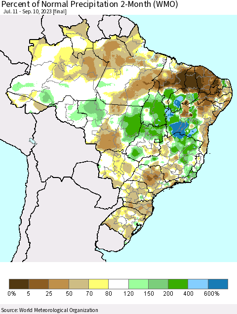 Brazil Percent of Normal Precipitation 2-Month (WMO) Thematic Map For 7/11/2023 - 9/10/2023