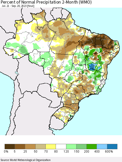 Brazil Percent of Normal Precipitation 2-Month (WMO) Thematic Map For 7/21/2023 - 9/20/2023