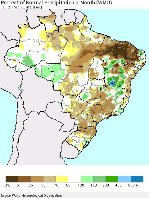 Brazil Percent of Normal Precipitation 2-Month (WMO) Thematic Map For 7/26/2023 - 9/25/2023
