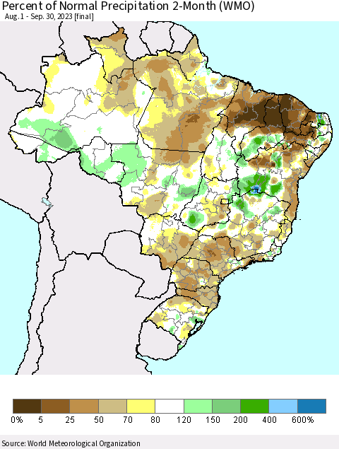 Brazil Percent of Normal Precipitation 2-Month (WMO) Thematic Map For 8/1/2023 - 9/30/2023