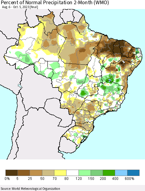 Brazil Percent of Normal Precipitation 2-Month (WMO) Thematic Map For 8/6/2023 - 10/5/2023