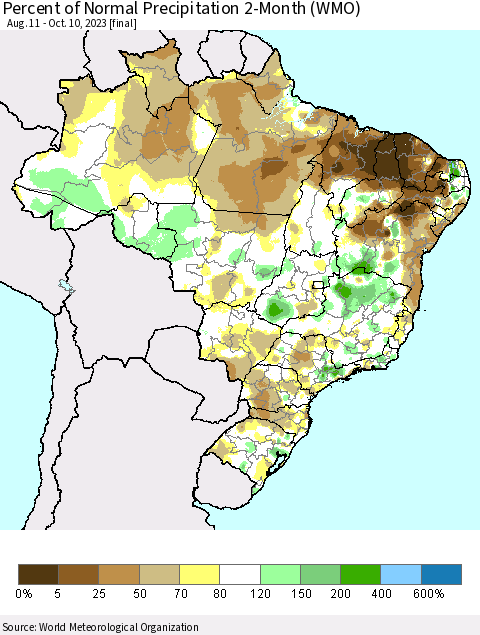 Brazil Percent of Normal Precipitation 2-Month (WMO) Thematic Map For 8/11/2023 - 10/10/2023