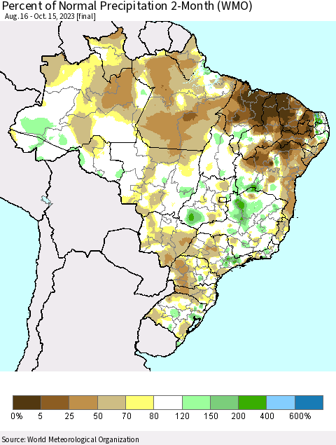Brazil Percent of Normal Precipitation 2-Month (WMO) Thematic Map For 8/16/2023 - 10/15/2023