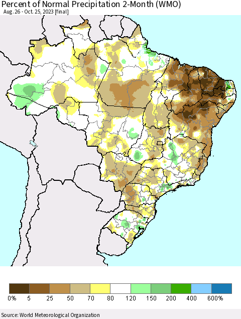Brazil Percent of Normal Precipitation 2-Month (WMO) Thematic Map For 8/26/2023 - 10/25/2023