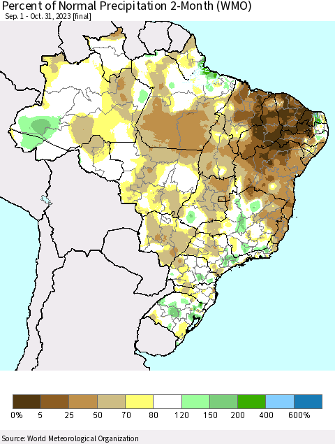Brazil Percent of Normal Precipitation 2-Month (WMO) Thematic Map For 9/1/2023 - 10/31/2023