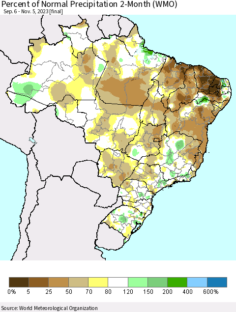 Brazil Percent of Normal Precipitation 2-Month (WMO) Thematic Map For 9/6/2023 - 11/5/2023