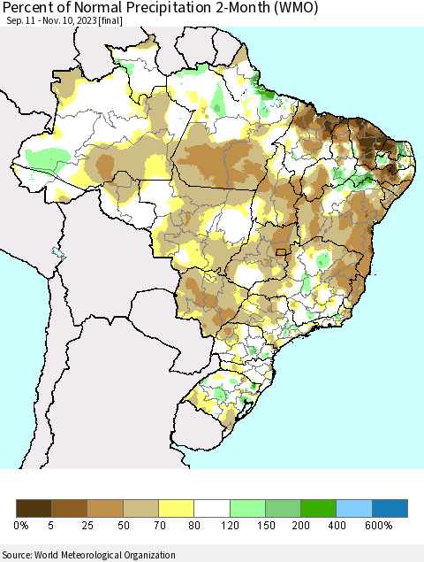 Brazil Percent of Normal Precipitation 2-Month (WMO) Thematic Map For 9/11/2023 - 11/10/2023