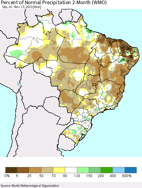 Brazil Percent of Normal Precipitation 2-Month (WMO) Thematic Map For 9/16/2023 - 11/15/2023