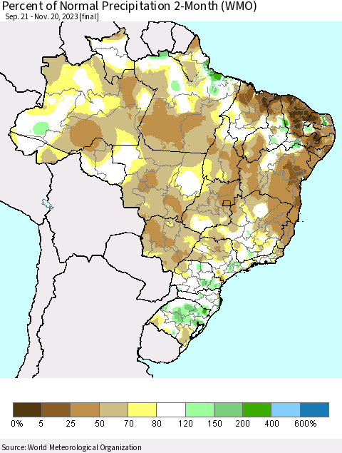 Brazil Percent of Normal Precipitation 2-Month (WMO) Thematic Map For 9/21/2023 - 11/20/2023