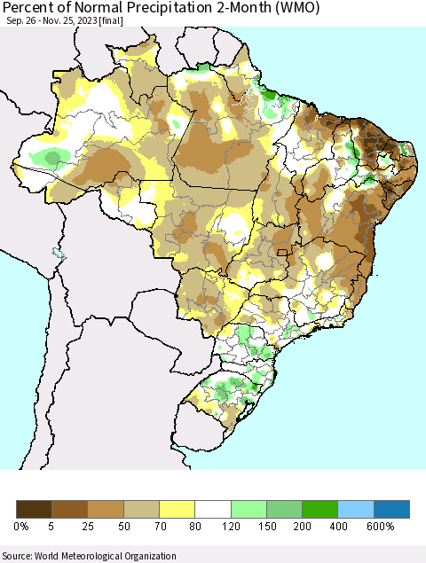 Brazil Percent of Normal Precipitation 2-Month (WMO) Thematic Map For 9/26/2023 - 11/25/2023