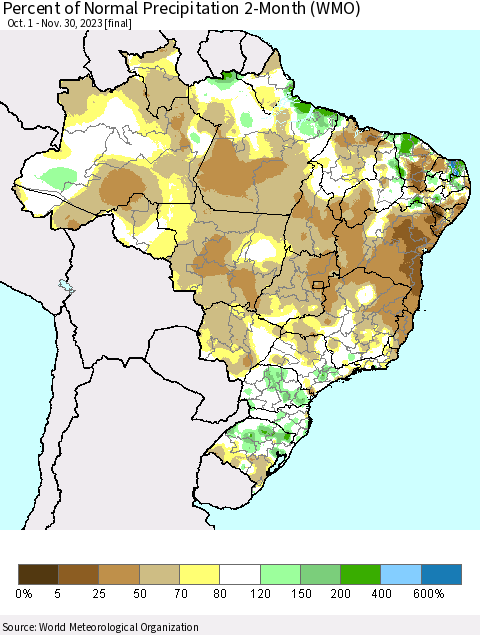 Brazil Percent of Normal Precipitation 2-Month (WMO) Thematic Map For 10/1/2023 - 11/30/2023