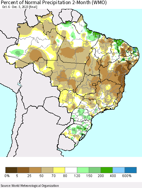 Brazil Percent of Normal Precipitation 2-Month (WMO) Thematic Map For 10/6/2023 - 12/5/2023