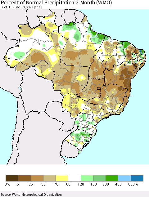 Brazil Percent of Normal Precipitation 2-Month (WMO) Thematic Map For 10/11/2023 - 12/10/2023