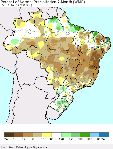 Brazil Percent of Normal Precipitation 2-Month (WMO) Thematic Map For 10/16/2023 - 12/15/2023