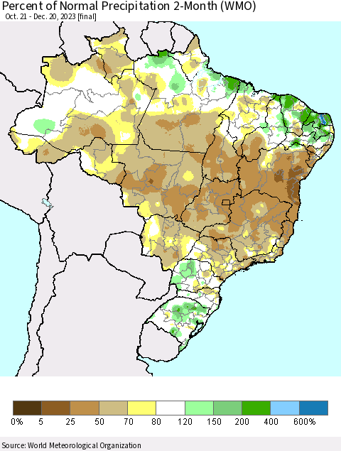 Brazil Percent of Normal Precipitation 2-Month (WMO) Thematic Map For 10/21/2023 - 12/20/2023