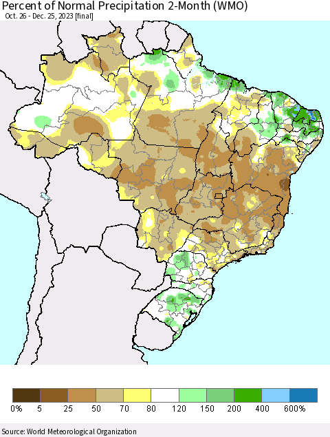 Brazil Percent of Normal Precipitation 2-Month (WMO) Thematic Map For 10/26/2023 - 12/25/2023