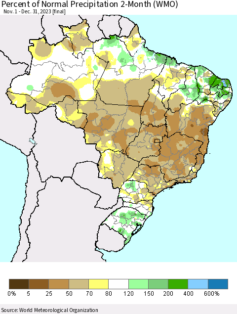 Brazil Percent of Normal Precipitation 2-Month (WMO) Thematic Map For 11/1/2023 - 12/31/2023