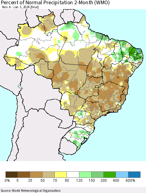 Brazil Percent of Normal Precipitation 2-Month (WMO) Thematic Map For 11/6/2023 - 1/5/2024