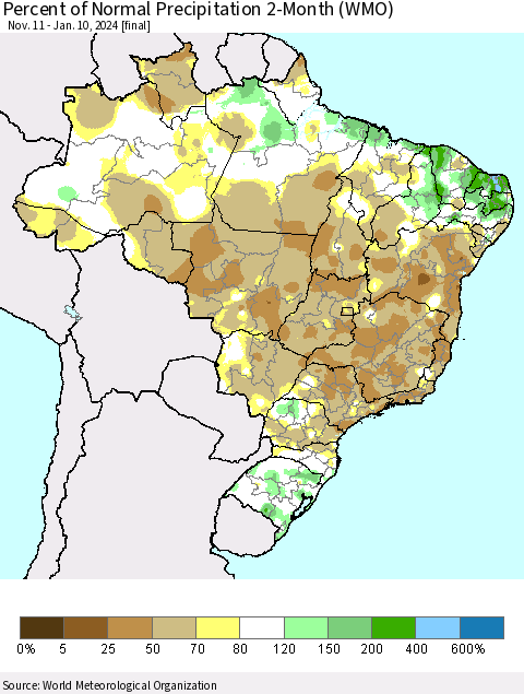 Brazil Percent of Normal Precipitation 2-Month (WMO) Thematic Map For 11/11/2023 - 1/10/2024