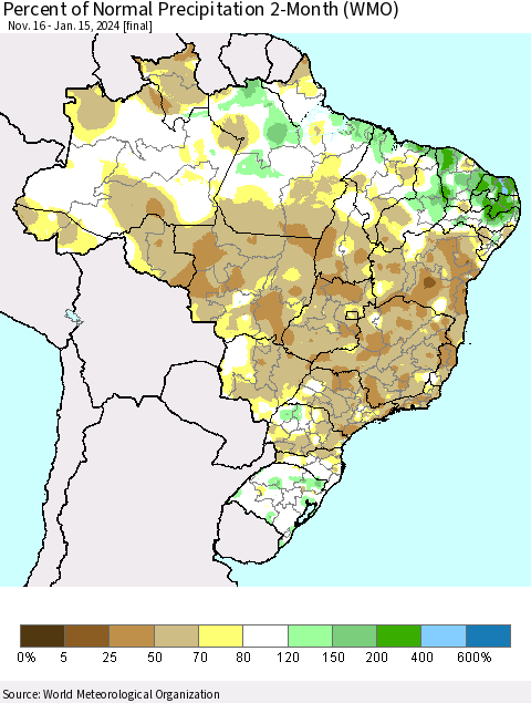 Brazil Percent of Normal Precipitation 2-Month (WMO) Thematic Map For 11/16/2023 - 1/15/2024