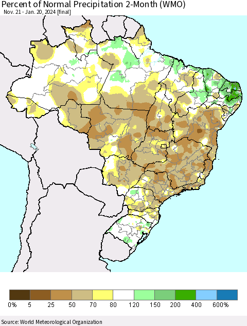 Brazil Percent of Normal Precipitation 2-Month (WMO) Thematic Map For 11/21/2023 - 1/20/2024