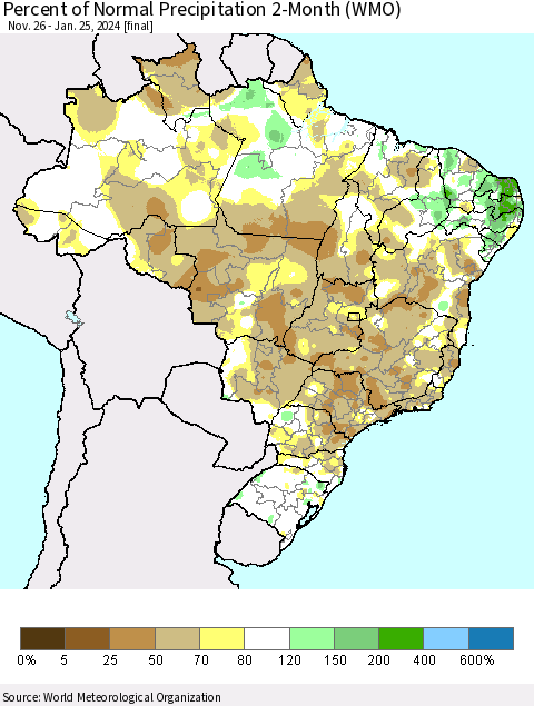 Brazil Percent of Normal Precipitation 2-Month (WMO) Thematic Map For 11/26/2023 - 1/25/2024