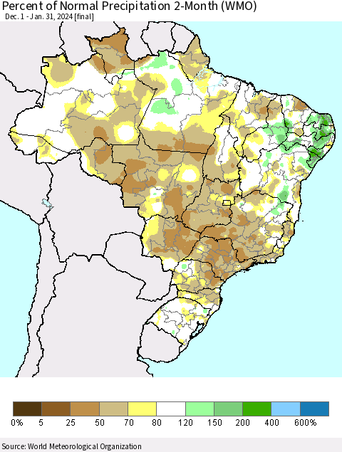 Brazil Percent of Normal Precipitation 2-Month (WMO) Thematic Map For 12/1/2023 - 1/31/2024