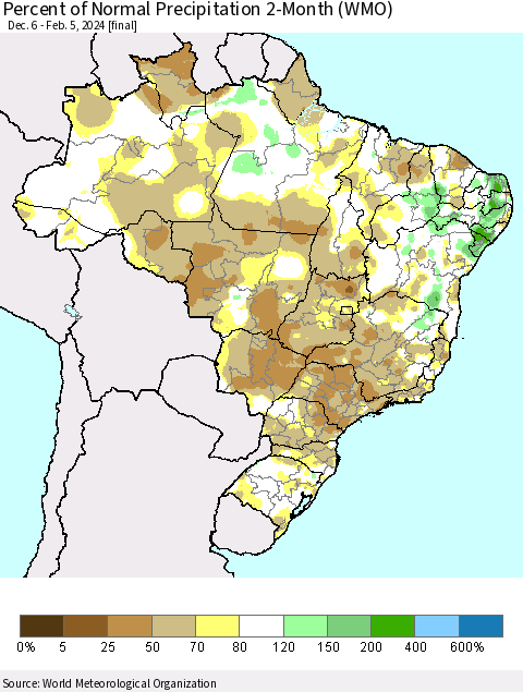 Brazil Percent of Normal Precipitation 2-Month (WMO) Thematic Map For 12/6/2023 - 2/5/2024