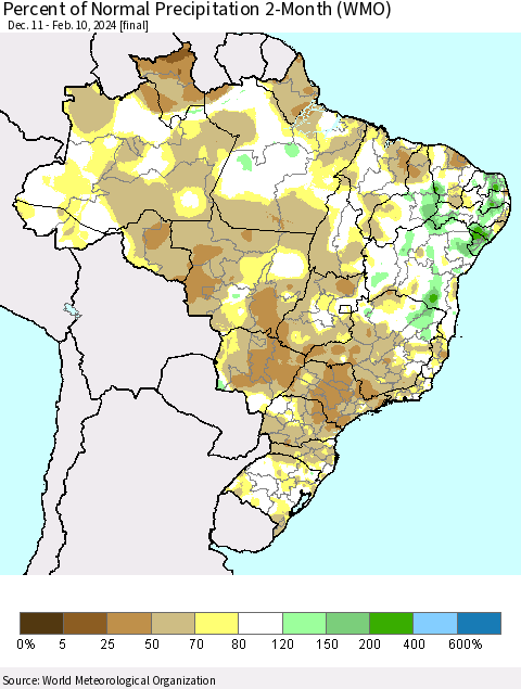 Brazil Percent of Normal Precipitation 2-Month (WMO) Thematic Map For 12/11/2023 - 2/10/2024