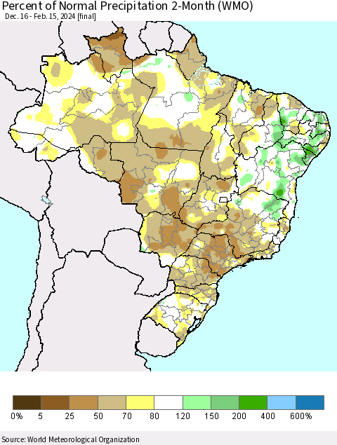 Brazil Percent of Normal Precipitation 2-Month (WMO) Thematic Map For 12/16/2023 - 2/15/2024