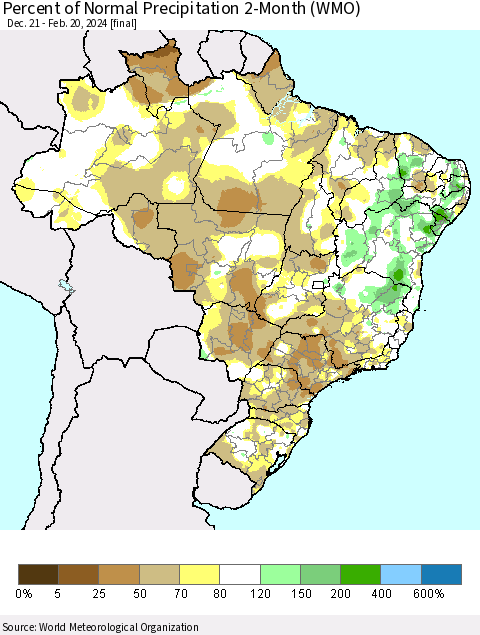 Brazil Percent of Normal Precipitation 2-Month (WMO) Thematic Map For 12/21/2023 - 2/20/2024