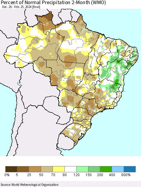 Brazil Percent of Normal Precipitation 2-Month (WMO) Thematic Map For 12/26/2023 - 2/25/2024