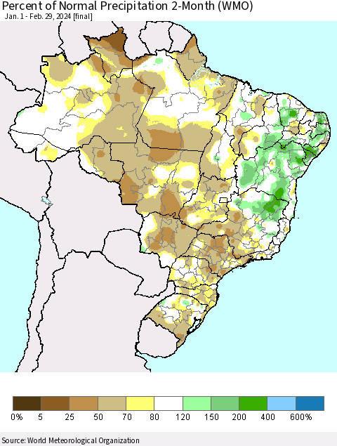 Brazil Percent of Normal Precipitation 2-Month (WMO) Thematic Map For 1/1/2024 - 2/29/2024