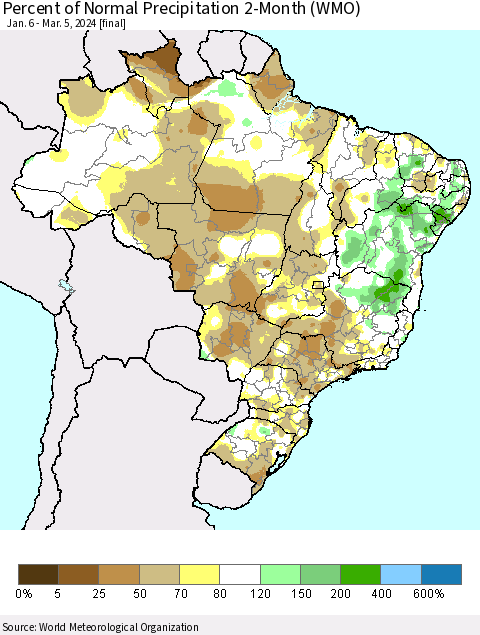 Brazil Percent of Normal Precipitation 2-Month (WMO) Thematic Map For 1/6/2024 - 3/5/2024