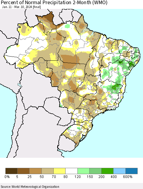 Brazil Percent of Normal Precipitation 2-Month (WMO) Thematic Map For 1/11/2024 - 3/10/2024