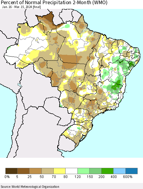 Brazil Percent of Normal Precipitation 2-Month (WMO) Thematic Map For 1/16/2024 - 3/15/2024